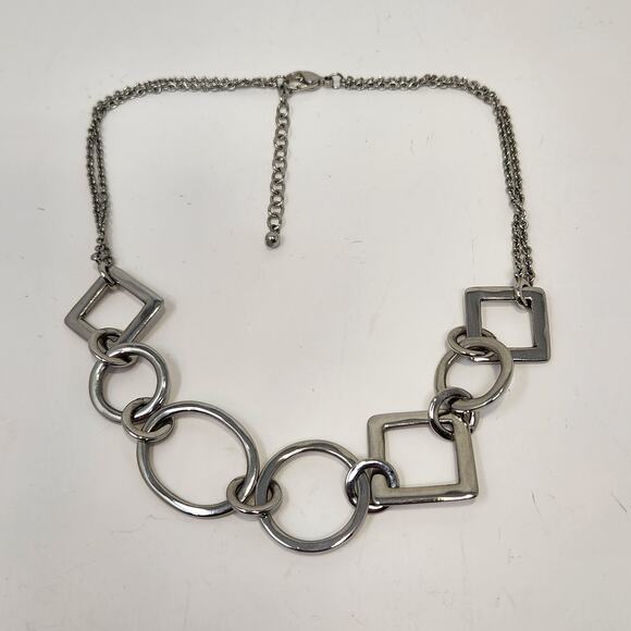 Geometric Shapes Double Chain Silver Tone Necklace Choker Round Square Oval - Picture 2 of 5
